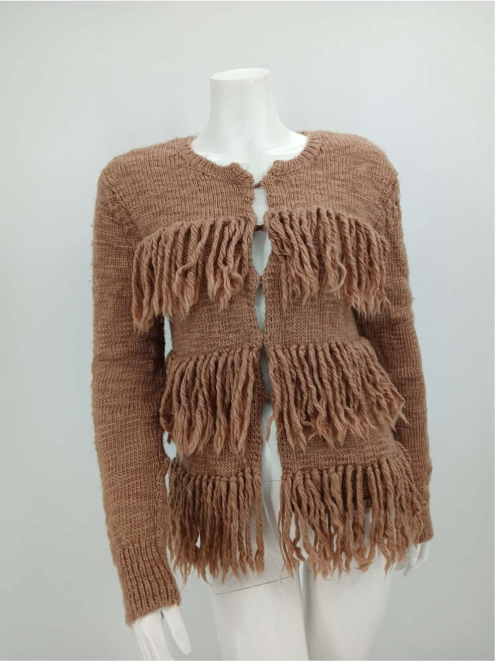 Trina Turk Women's Wool Fringe Cardigan Sweater Size S Brown Bohemian Western